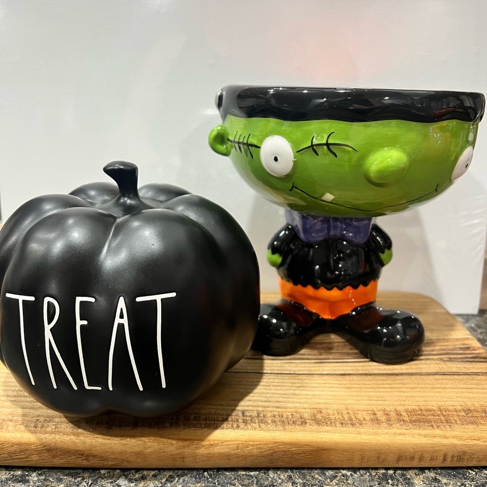 Rae Dunn Black Pumpkin and Frankenstein Candy Bowl